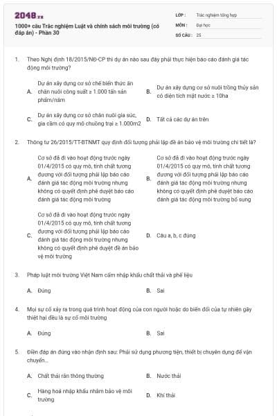 1000+ câu Trắc nghiệm Luật và chính sách môi trường (có đáp án) - Phần 30