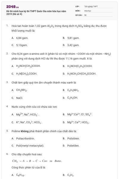 Đề thi minh họa kỳ thi THPT Quốc Gia môn hóa học năm 2019 (Đề số 4)
