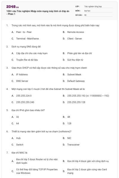 100+ câu Trắc nghiệm Nhập môn mạng máy tính có đáp án - Phần 1