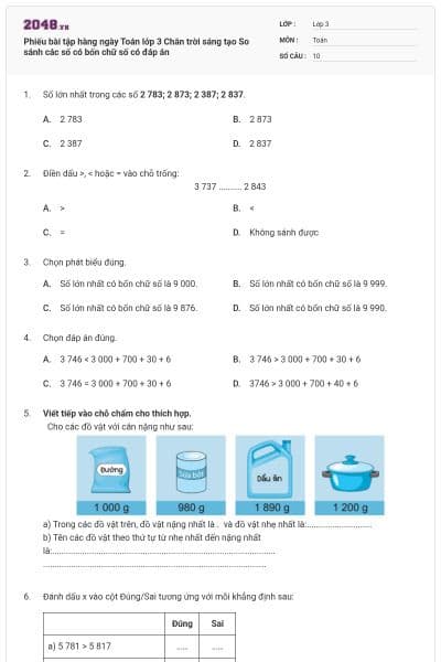 Phiếu bài tập hàng ngày Toán lớp 3 Chân trời sáng tạo So sánh các số có bốn chữ số có đáp án