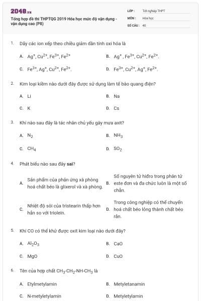 Tổng hợp đề thi THPTQG 2019 Hóa học mức độ vận dụng - vận dụng cao (P8)
