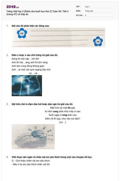 Tiếng Việt lớp 3 (Dành cho buổi học thứ 2) Tuần 30: Tiết 3 (trang 47) có đáp án