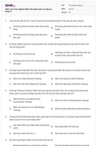 200+ câu Trắc nghiệm Kiểm thử phần mềm có đáp án - Phần 5