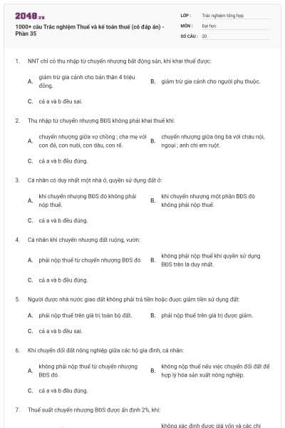 1000+ câu Trắc nghiệm Thuế và kế toán thuế (có đáp án) - Phần 35