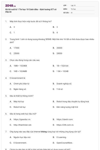 Đề thi cuối kì 1 Tin học 10 Cánh diều - Định hướng ICT có đáp án