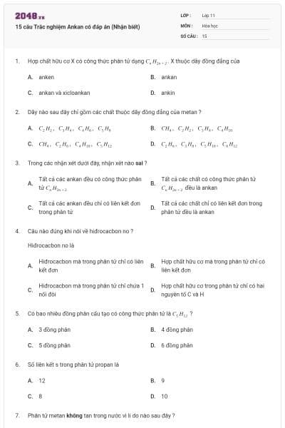 15 câu Trắc nghiệm Ankan có đáp án (Nhận biết)