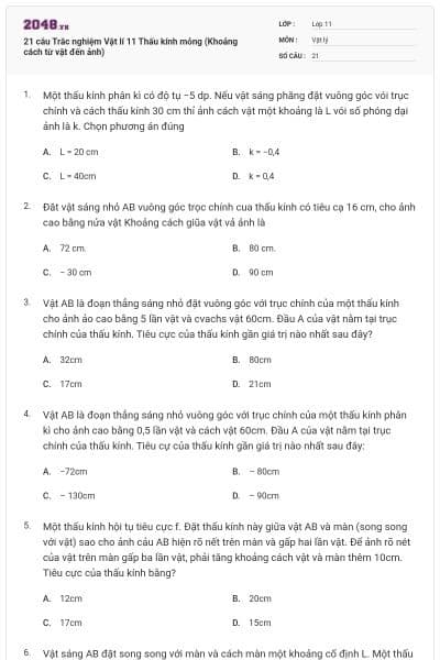 21 câu Trắc nghiệm Vật lí 11 Thấu kính mỏng (Khoảng cách từ vật đến ảnh)