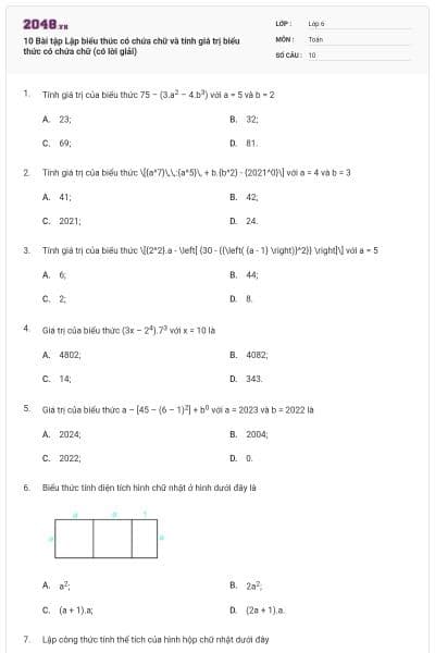 10 Bài tập Lập biểu thức có chứa chữ và tính giá trị biểu thức có chứa chữ (có lời giải)