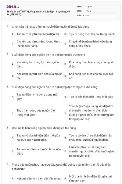 Bộ đề ôn thi THPT Quốc gia môn Vật Lý lớp 11 cực hay, có lời giải (Đề 6)