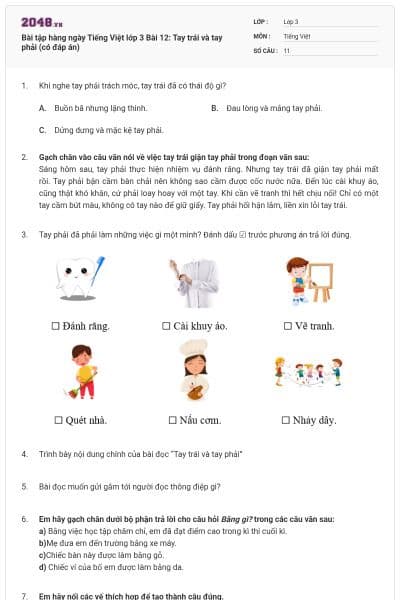 Bài tập hàng ngày Tiếng Việt lớp 3 Bài 12: Tay trái và tay phải (có đáp án)