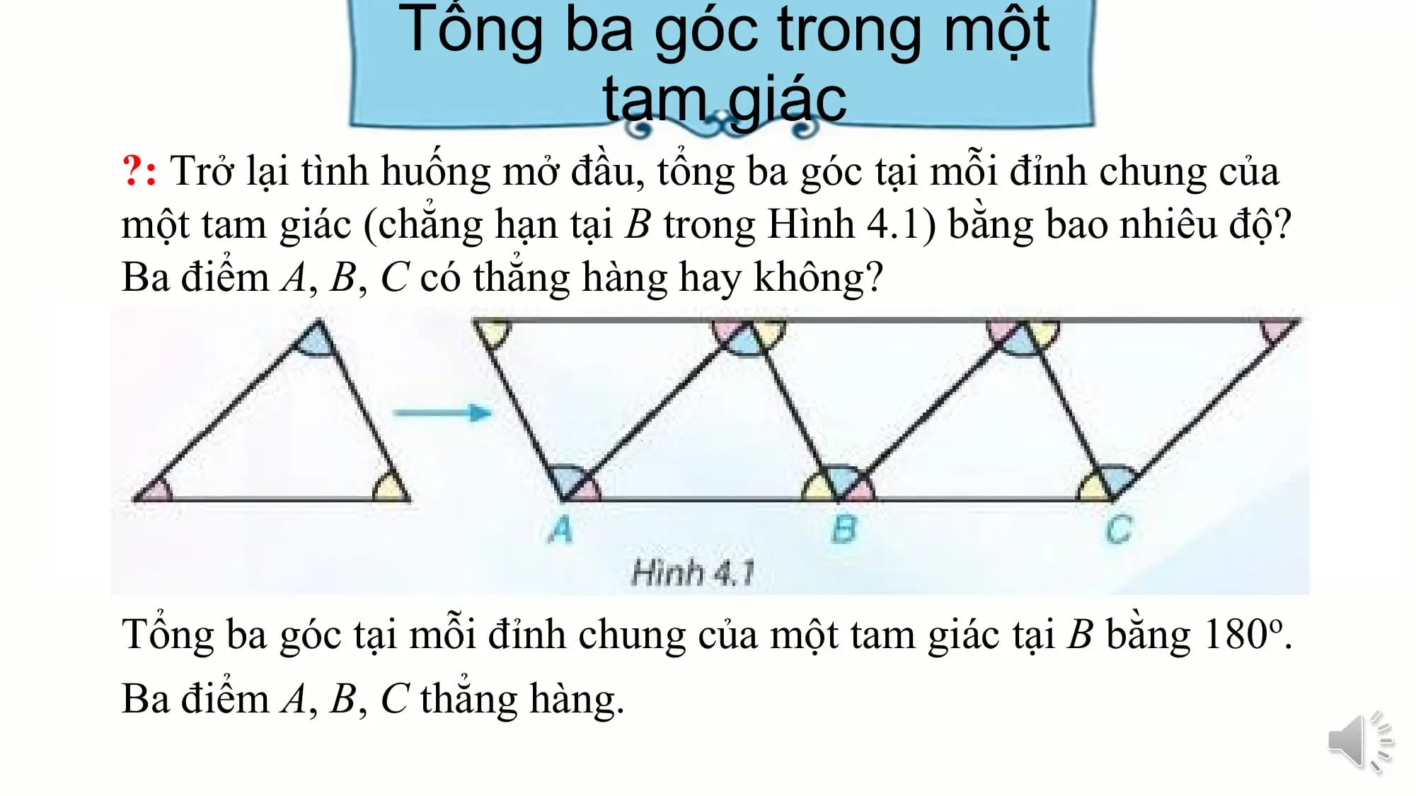 Tổng ba góc trong một
 tam giác
?: Trở lại tình huống mở đầu, tổng ba góc tại mỗi đỉnh chung của
một tam giác (chẳng hạn tại B trong Hình 4.1) bằng bao nhiêu độ?
Ba điểm A, B, C có thẳng hàng hay không?

Tổng ba góc tại mỗi đỉnh chung của một tam giác tại B bằng 180o.
Ba điểm A, B, C thẳng hàng.