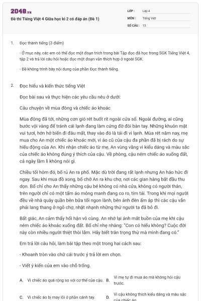Đề thi Tiếng Việt 4 Giữa học kì 2 có đáp án (Đề 1)