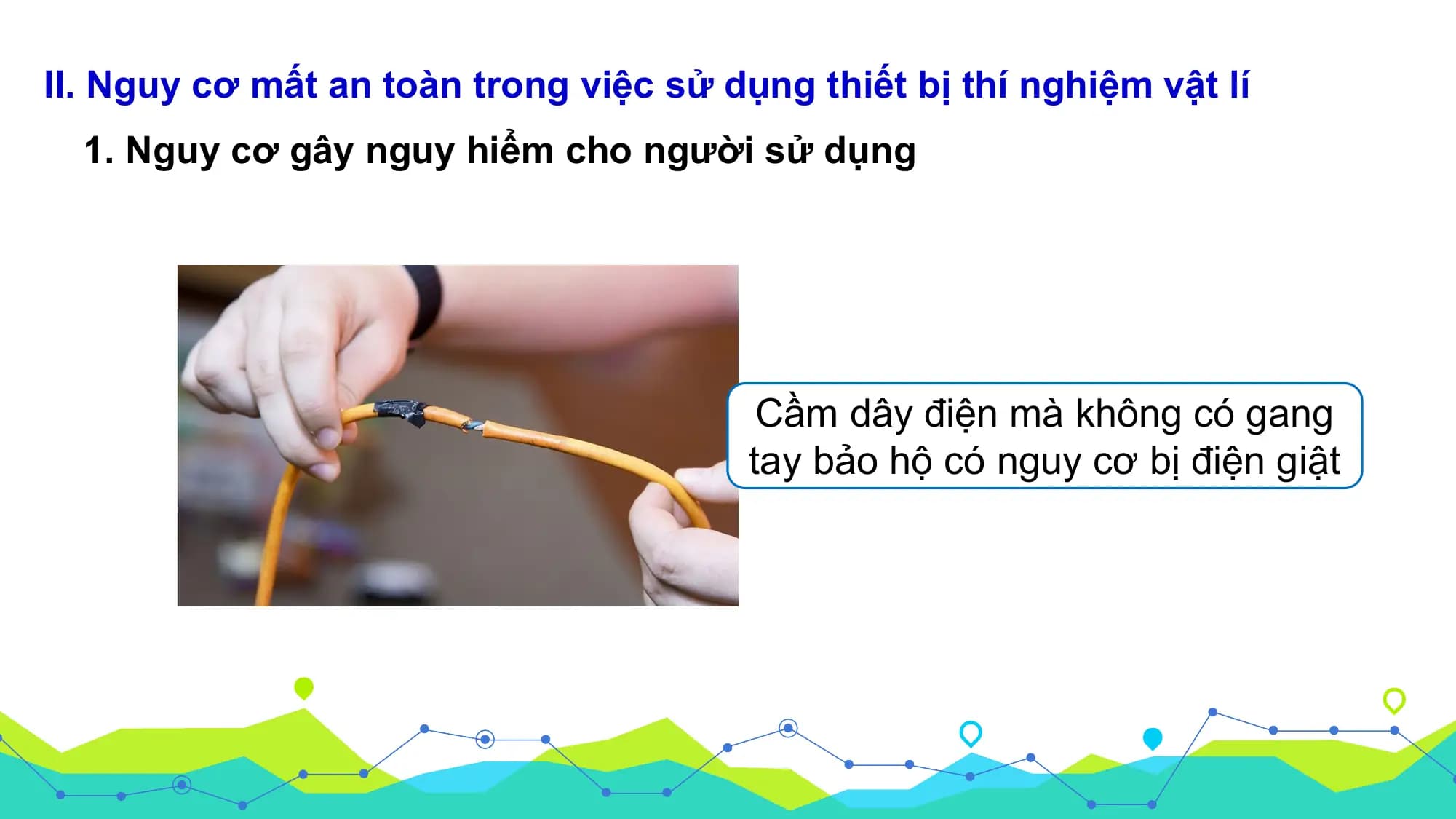 II. Nguy cơ mất an toàn trong việc sử dụng thiết bị thí nghiệm vật lí
 1. Nguy cơ gây nguy hiểm cho người sử dụng

 Cầm dây điện mà không có gang
 tay bảo hộ có nguy cơ bị điện giật