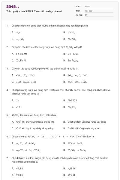 Trắc nghiệm Hóa 9 Bài 3: Tính chất hóa học của axit