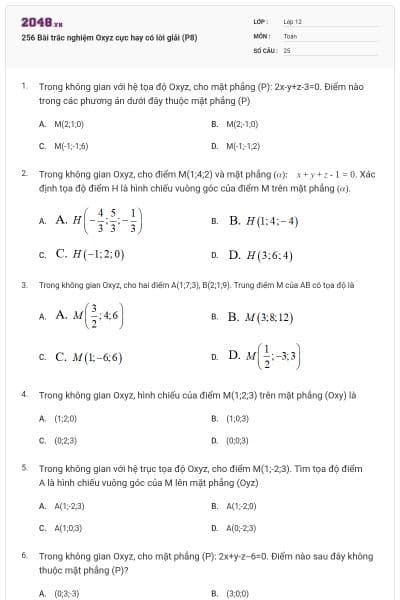 256 Bài trắc nghiệm Oxyz cực hay có lời giải (P8)