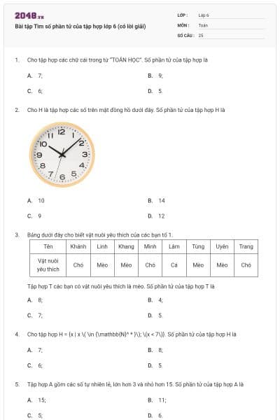 Bài tập Tìm số phần tử của tập hợp lớp 6 (có lời giải)
