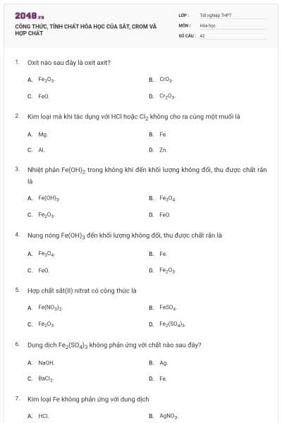 CÔNG THỨC, TÍNH CHẤT HÓA HỌC CỦA SẮT, CROM VÀ HỢP CHẤT