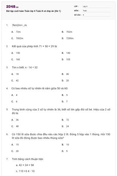 Bài tập cuối tuần Toán lớp 4 Tuần 8 có đáp án (Đề 1)