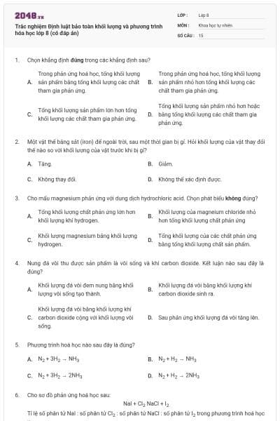 Trắc nghiệm Định luật bảo toàn khối lượng và phương trình hóa học lớp 8 (có đáp án)