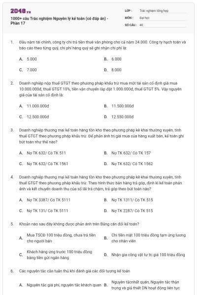 1000+ câu Trắc nghiệm Nguyên lý kế toán (có đáp án) - Phần 17