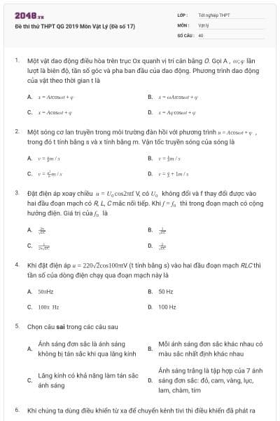 Đề thi thử THPT QG 2019 Môn Vật Lý (Đề số 17)