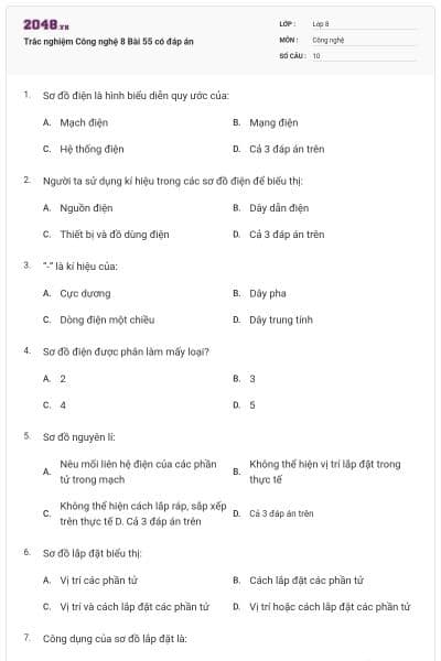 Trắc nghiệm Công nghệ 8 Bài 55 có đáp án