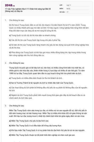 17 câu Trắc nghiệm Địa lí 11 Chân trời sáng tạo Bài 25 (Đúng sai) có đáp án