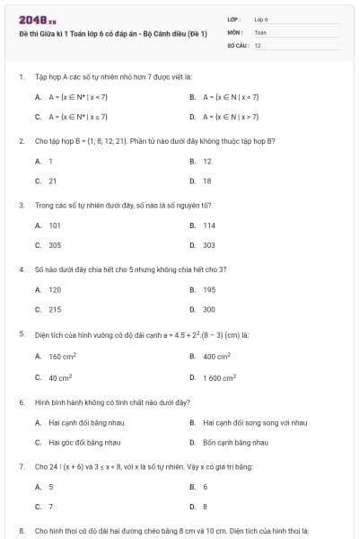 Đề thi Giữa kì 1 Toán lớp 6 có đáp án - Bộ Cánh diều (Đề 1)