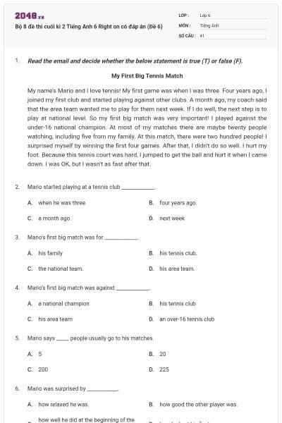 Bộ 8 đề thi cuối kì 2 Tiếng Anh 6 Right on có đáp án (Đề 6)