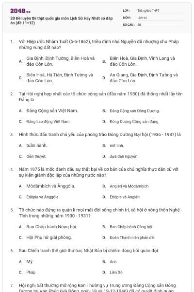 20 Đề luyện thi thpt quốc gia môn Lịch Sử Hay Nhất có đáp án (đề 11+12)