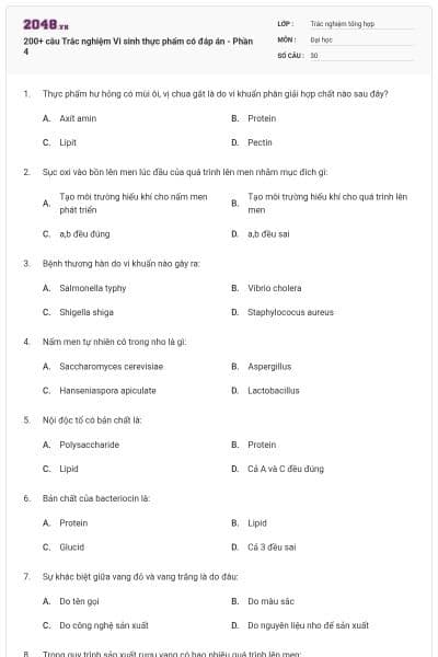 200+ câu Trắc nghiệm Vi sinh thực phẩm có đáp án - Phần 4