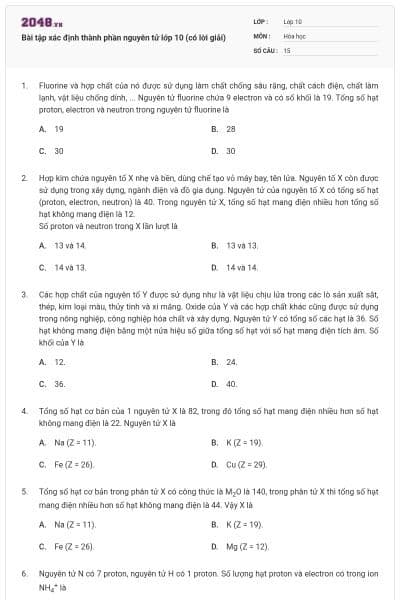 Bài tập xác định thành phần nguyên tử lớp 10 (có lời giải)