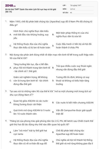 Đề thi thử THPT Quốc Gia môn Lịch Sử cực hay có lời giải (Đề 14)