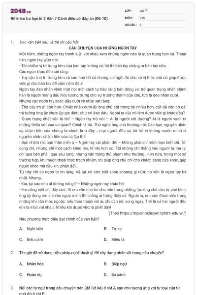 Đề kiểm tra học kì 2 Văn 7 Cánh diều có đáp án (Đề 10)
