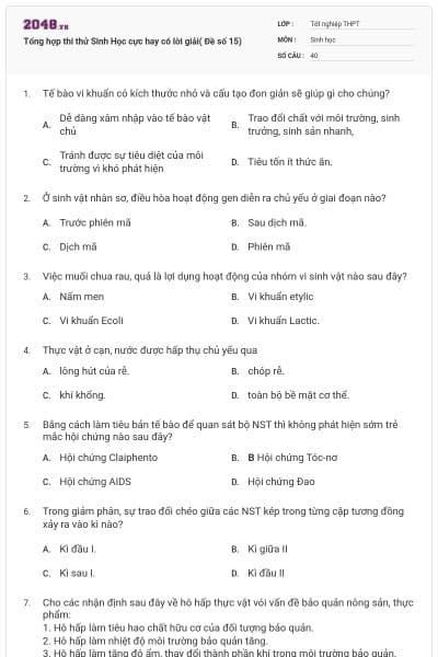 Tổng hợp thi thử Sinh Học cực hay có lời giải( Đề số 15)