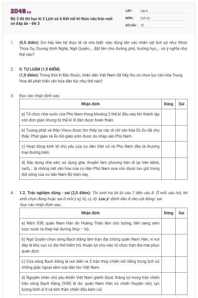 Bộ 3 đề thi học kì 2 Lịch sử 6 Kết nối tri thức cấu trúc mới có đáp án - Đề 3