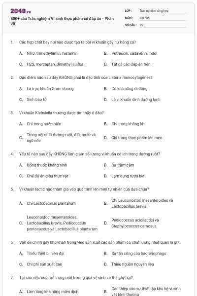 800+ câu Trắc nghiệm Vi sinh thực phẩm có đáp án - Phần 38