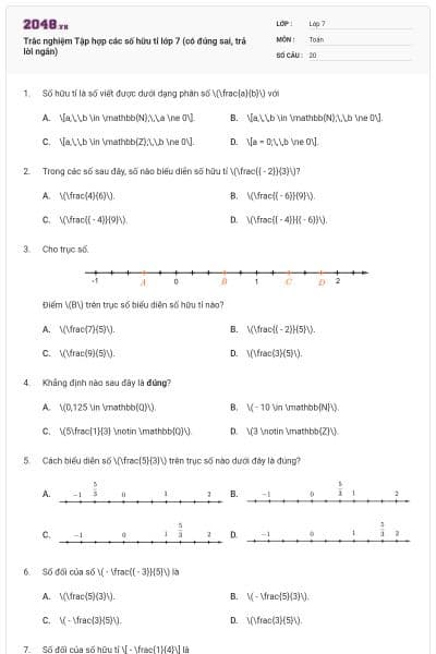 Trắc nghiệm Tập hợp các số hữu tỉ lớp 7 (có đúng sai, trả lời ngắn)