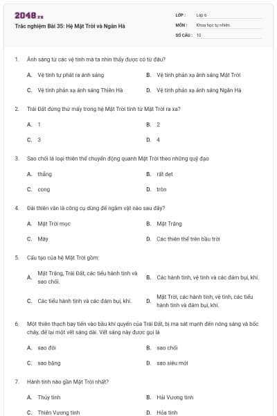 Trắc nghiệm Bài 35: Hệ Mặt Trời và Ngân Hà