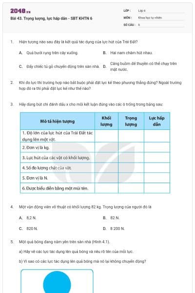 Bài 43. Trọng lượng, lực hấp dẫn - SBT KHTN 6