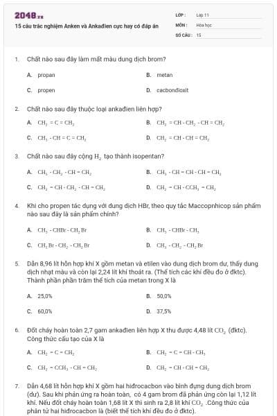 15 câu trắc nghiệm Anken và Ankađien cực hay có đáp án