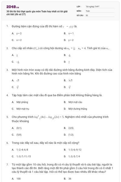30 Đề thi thử thpt quốc gia môn Toán hay nhất có lời giải chi tiết (đề số 27)