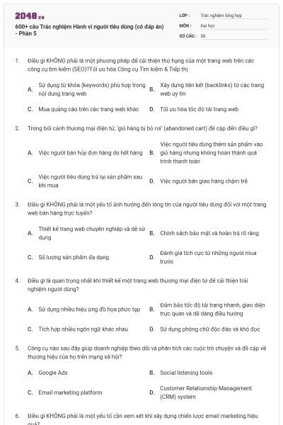 600+ câu Trắc nghiệm Hành vi người tiêu dùng (có đáp án) - Phần 5