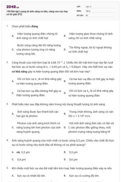 190 Bài tập Lượng tử ánh sáng cơ bản, nâng cao cực hay có lời giải (P2)