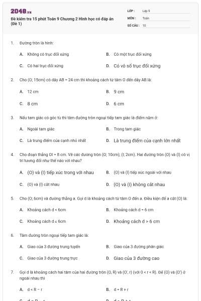 Đề kiểm tra 15 phút Toán 9 Chương 2 Hình học có đáp án (Đề 1)