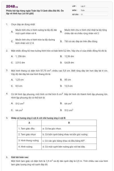 Phiếu bài tập hàng ngày Toán lớp 5 Cánh diều Bài 86. Ôn tập về hình học (có lời giải)