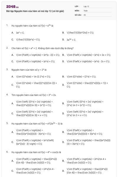 Bài tập Nguyên hàm của hàm số mũ lớp 12 (có lời giải)