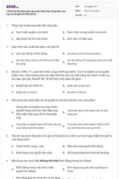 19 Đề thi thử thpt quốc gia môn Giáo Dục Công Dân cực hay có lời giải chi tiết (đề 8)