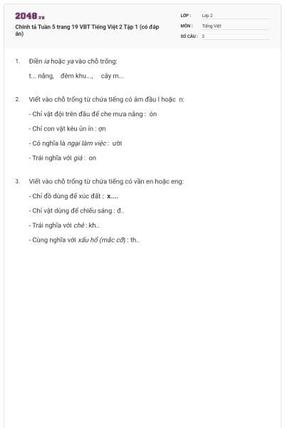 Chính tả Tuần 5 trang 19 VBT Tiếng Việt 2 Tập 1 (có đáp án)