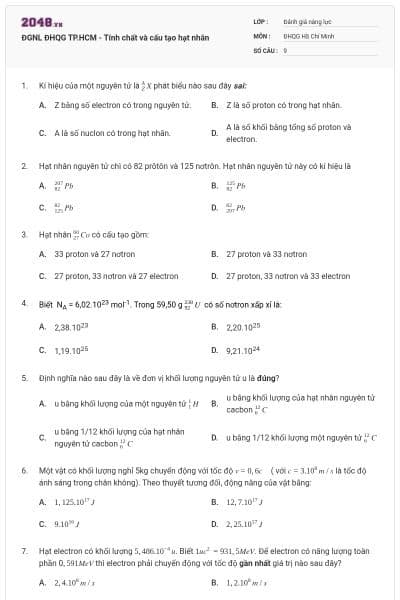 ĐGNL ĐHQG TP.HCM - Tính chất và cấu tạo hạt nhân